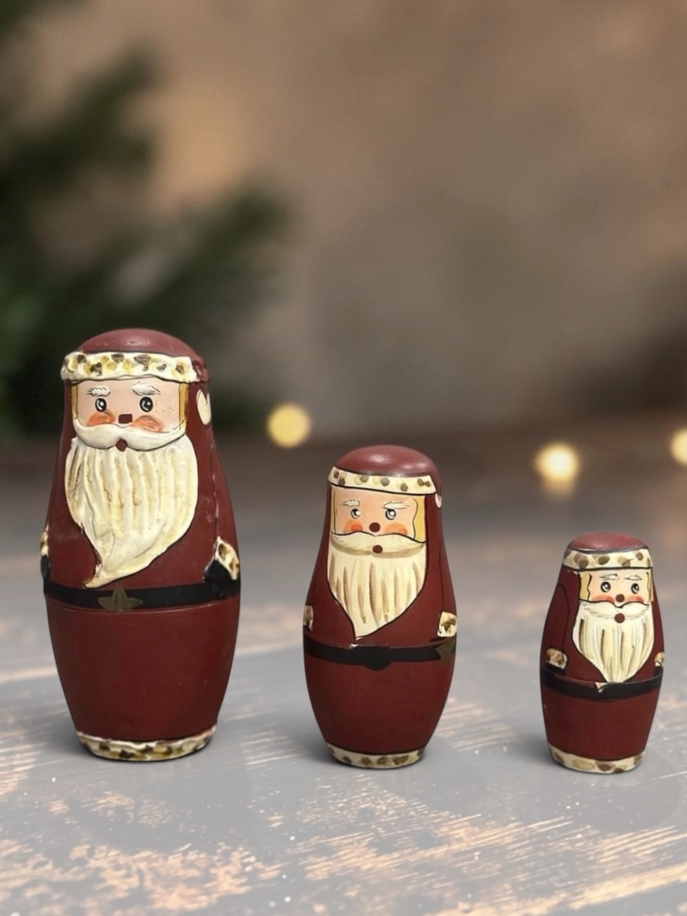 Vintage Wooden Santa Nesting Dolls Matryoshka Babushka Stacking Set Folk Art